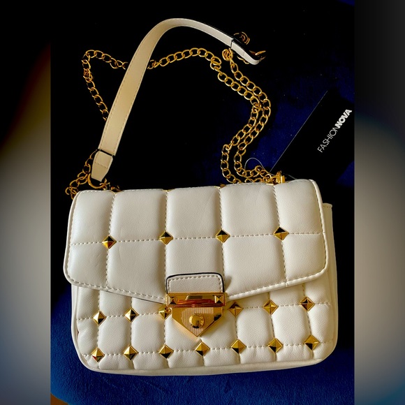 Fashion Nova Handbags - White quilted and studded flap bag